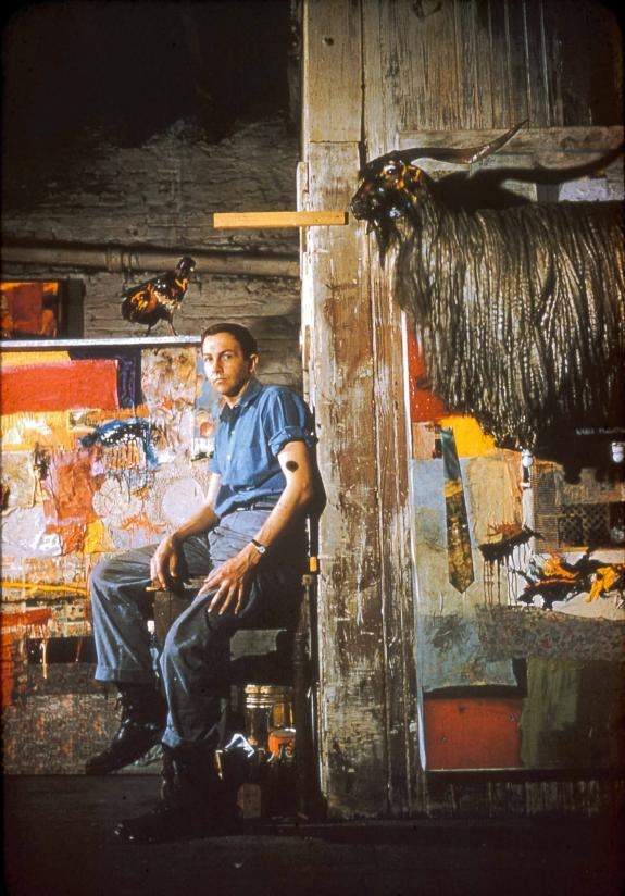 Pearl Street Studio, c.1955Rauschenberg in his Pearl Street studio with Satellite 1955 and the first state of Monogram 1955–9; first state 1955–6, New York, c.1955 Photo: Unattributed