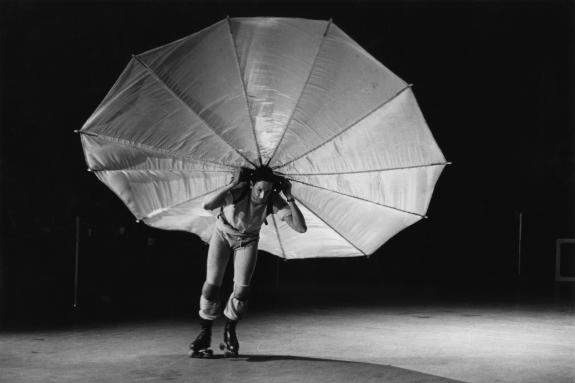 Rauschenberg performing his piece Pelican&amp;nbsp;1963 at First New York Theater Rally, former CBS studio, Broadway and Eighty-first Street, New York, May 1965.&amp;nbsp;Photo: Peter Moore © Barbara Moore\/Licensed by VAGA, NY.&amp;nbsp;Courtesy Paula Cooper Gallery, New York