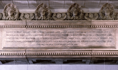 Hans Haacke MetroMobiltan Detail (quote from Metropolitan Museum flyer The Business of Art knows the Art of Good Business) 1985 Hans Haacke MetroMobiltan Detail (quote from Metropolitan Museum flyer The Business of Art knows the Art of Good Business) 1985