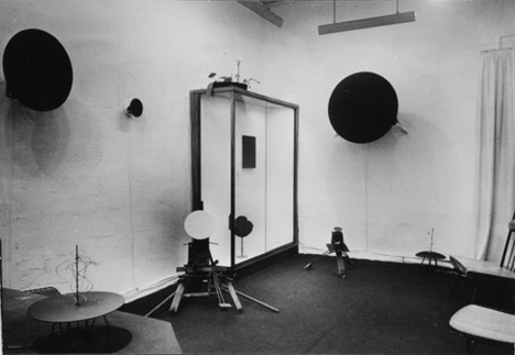 View of the exhibition Vitesse pure et stabilité monochrome (Pure Speed and Monochrome Stability), held at the Galerie Iris Clert, Paris 1958 View of the exhibition Vitesse pure et stabilité monochrome (Pure Speed and Monochrome Stability), held at the Galerie Iris Clert, Paris 1958