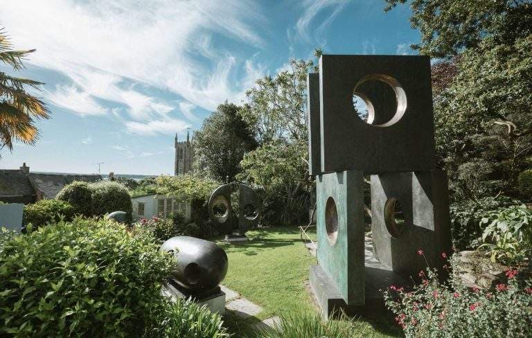 View of Barbara Hepworth's sculptures in a garden