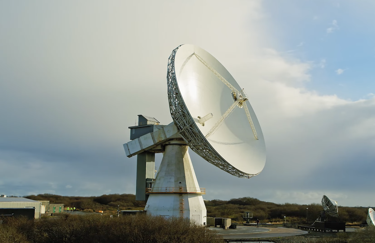 A large satellite dish pointing towards space