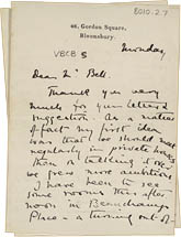 Letter from Vanessa Stephen (Bell) to Clive Bell about the Friday Club