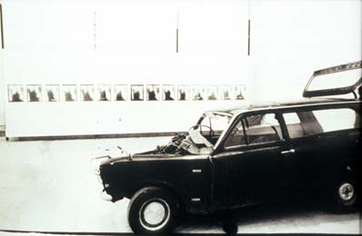 Installation shot of John Latham's car piece, produced while on a placement with the South Minn's Intensive Care Unit of Clare Hall Hospital, 1970.