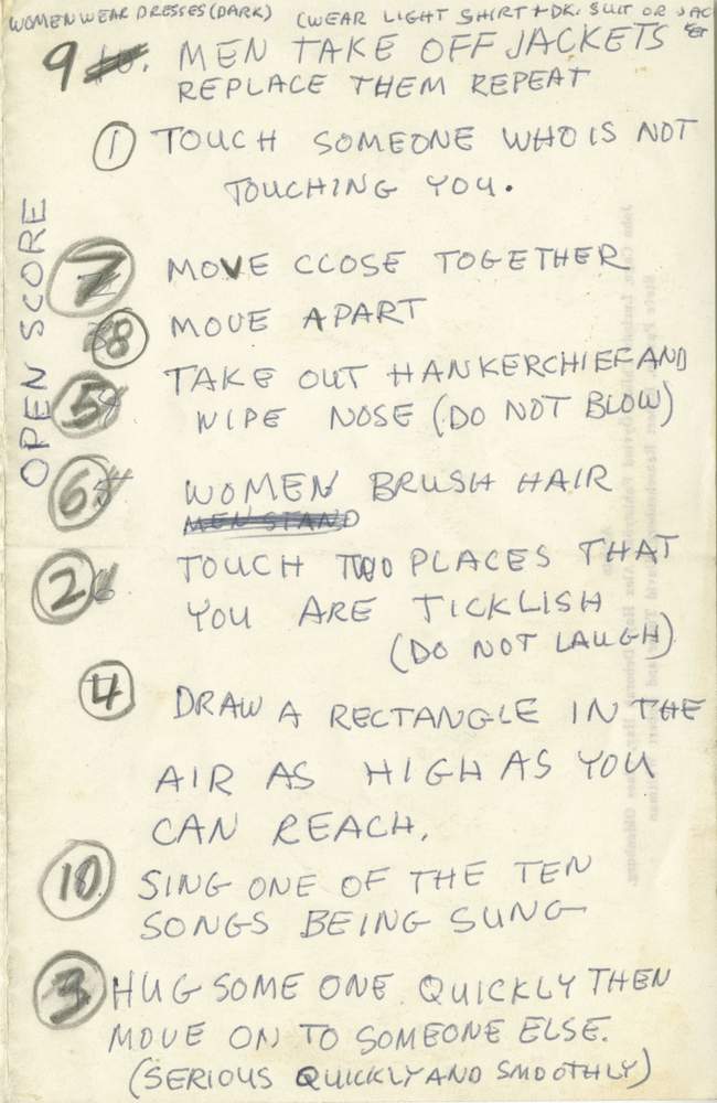 Rauschenberg’s handwritten notes detailing the actions to be performed onstage by an assembled cast of more than five hundred people during a portion of his performance Open Score&amp;nbsp;1966. Courtesy Robert Rauschenberg Foundation