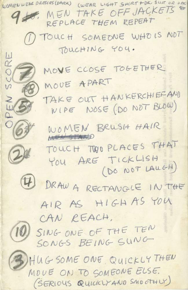 Rauschenberg’s handwritten notes detailing the actions to be performed onstage by an assembled cast of more than five hundred people during a portion of his performance Open Score 1966. Courtesy Robert Rauschenberg Foundation Rauschenberg’s handwritten notes detailing the actions to be performed onstage by an assembled cast of more than five hundred people during a portion of his performance Open Score 1966. Courtesy Robert Rauschenberg Foundation