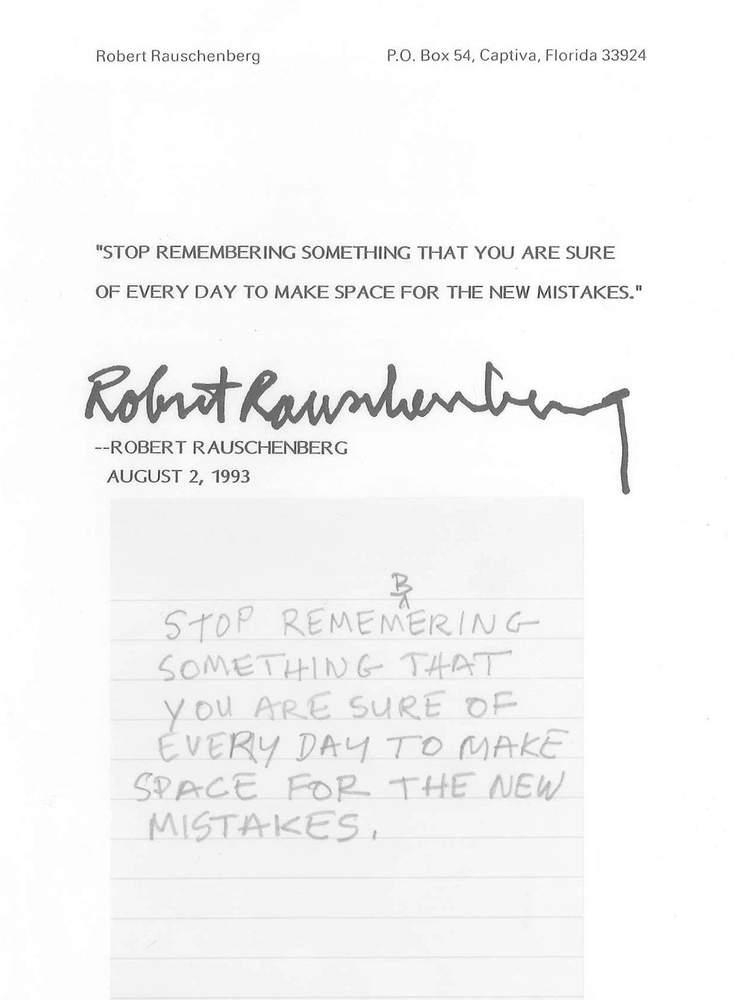 Rauschenberg’s handwritten draft of a quote for Esquire magazine, 2 August 1993.Courtesy Robert Rauschenberg Foundation