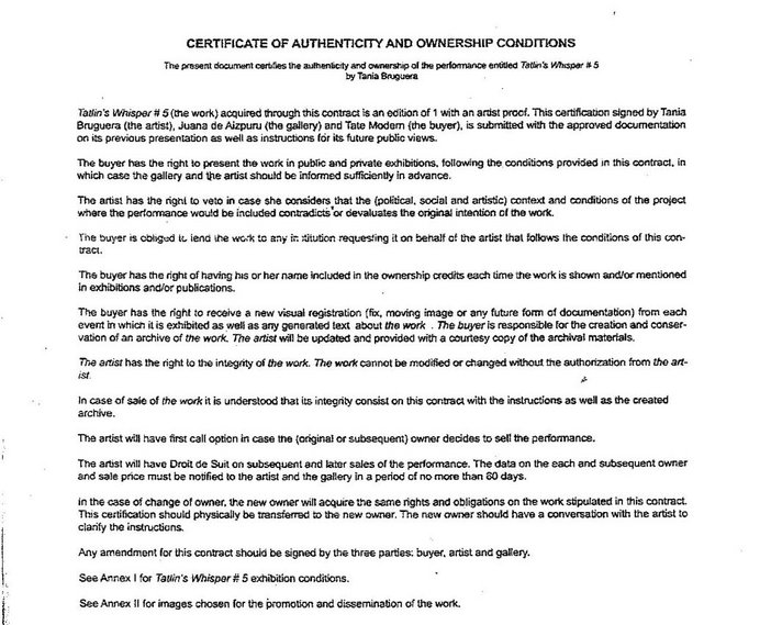 Certificate of Authenticity and Ownership Conditions for Tatlin’s Whisper #5 2008 by Tania Bruguera