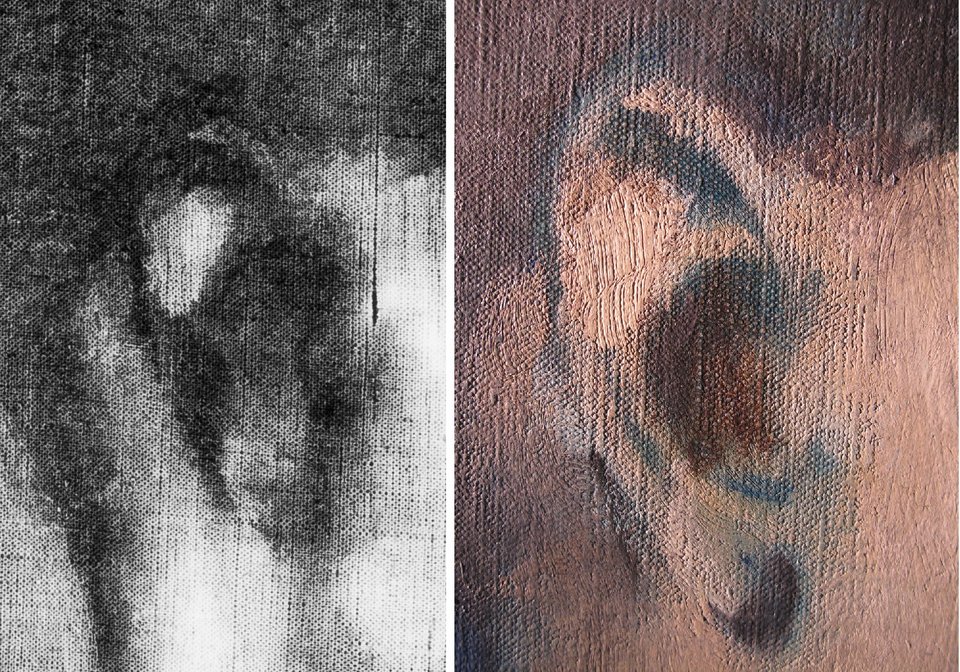 Detail of X-radiograph showing the boy’s ear and detail of the same area showing the girl’s ear