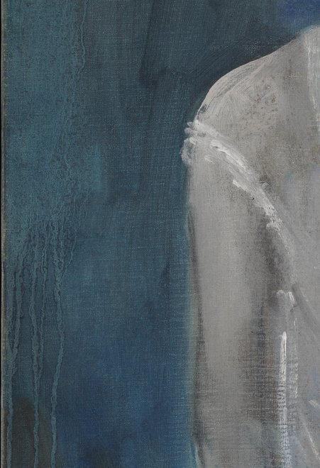 Detail of Girl in a Chemise c.1905 showing washy blue background with runs