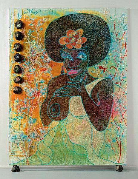 Chris Oflili Blossom 1997 painting of a black female figure with one breast exposed