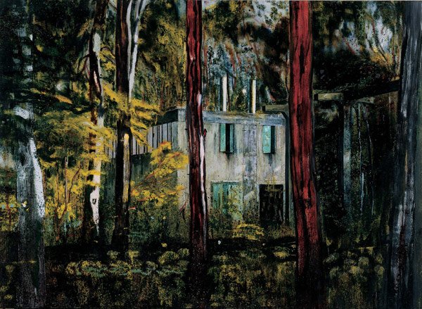 Peter Doig Boiler House 1994 view of a building through the trees and woods
