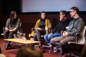 Sook-Kyung Lee, Cécile B. Evans, Haroon Mirza and Stephen Vitiello in the panel discussion ‘The Networks of Nam June Paik’, Tate Modern, 29 October 2019