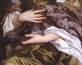 Fig.14 Detail of the hands and skirt of the woman on the right, showing reddish brown initial painted delineation left visible as the shadowed definition of the hands and folds