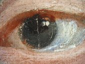 Fig.21 Detail at x8 magnification of the eye of the woman in blue, showing blue pigment mixed with white for the recessive curve of the eyeball