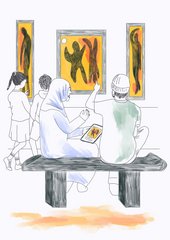 illustration of people chatting on a bench in a gallery