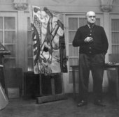 Beckmann with the painting The Chute 1950 in his New York apartment 10 February 1950