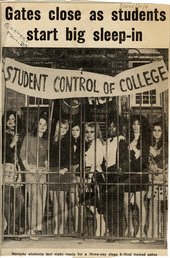 Cutting from the Daily Express reporting the student occupation of the Hornsey College of Art in May 1968 photography depicting female students behing gates on which is hung a banner
