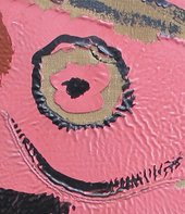 Detail of right eye showing wrinkled paint and tear in the canvas