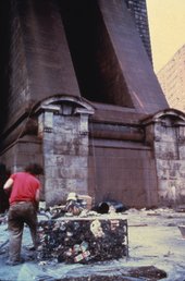 Gordon Matta-Clark Creating Garbage Wall for Fire Boy at the Brooklyn Bridge 1971