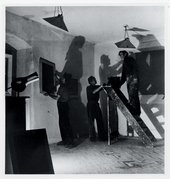 Sven Berlin, John Wells and Peter Lanyon hanging their work for the first St Ives-based Crypt Group of Artists exhibition 1946