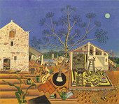 Joan Miro oil painting of a farm with blue sky