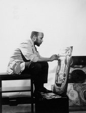 The Artist in his Studio 1964–5 - b/w photograph of Ibrahim El-Salahi