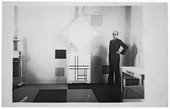 Mondrian in his Paris studio in 1933 with Lozenge Composition with Four Yellow Lines