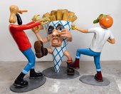 Shaun Doyle and Mally Mallinson Death to the Fascist Fruit Boys 2010 two male cartoon figures with fruit and vegetables for heads and hands are attacking a cone of chips which has a face, legs 