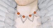 Seventeenth century British School The Cholmondeley Ladies c1600 1610 detail of a womans throat with necklace including a red flower design