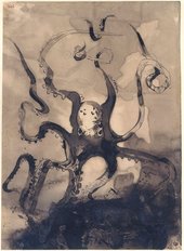 Victor Hugo Octopus with the initials VH 1866 drawing of an octopus with tenticles swirling across the whole page