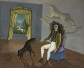 women on chair surrounded by three equine animal depictions