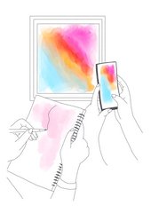illustration of two pairs of hands. One is holding a phone and taking a picutre of an artwork, the other is drawing in a sketchbook