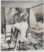 Black and white photomontage collage showing a luxury fashion model sat on a table with two chairs either side, in the background there is an ornate mirror, candles and curtains and through a wall to floor window there is a wolf emerging from the sea.