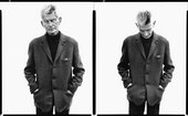 A series of two black and white photographs of Samuel Beckett wearing at suit taken by Richard Avedon