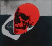 Screen print of a skull in red, black and grey