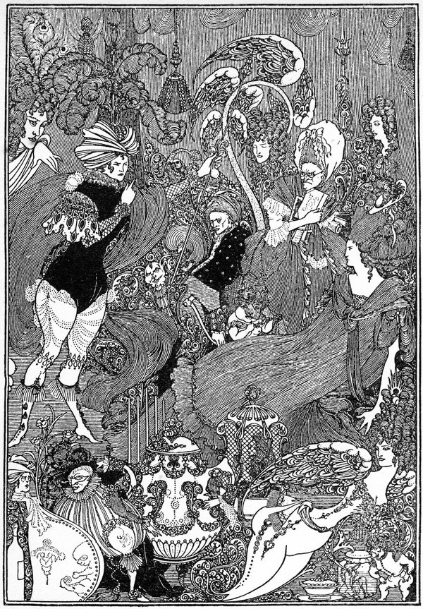 Very detailed decorative illustration showing many characters in decadent dress