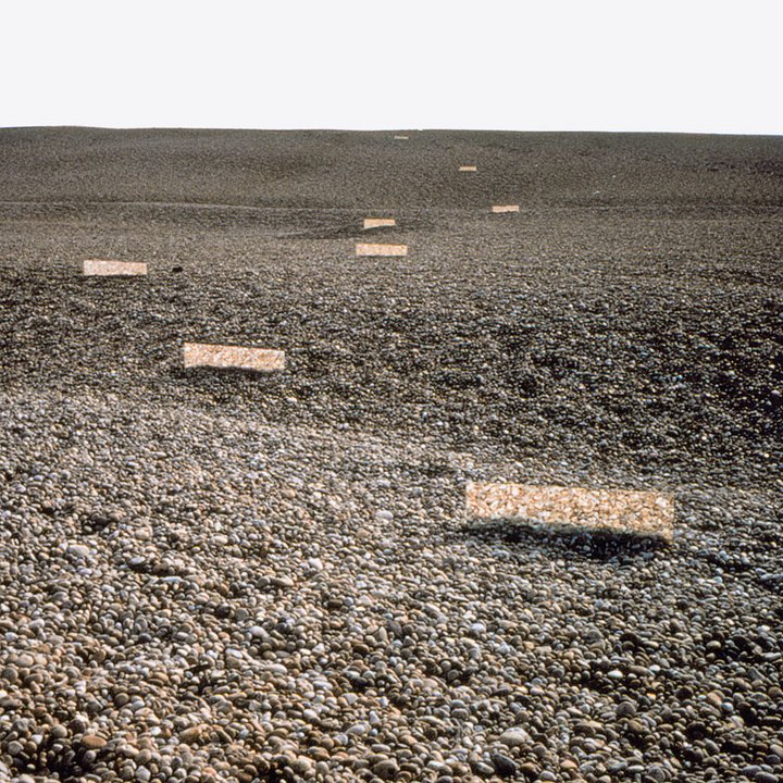 Robert Smithson's Mirror Displacement constructed on Chesil Beach, Dorset and photographed by the artist (1969)