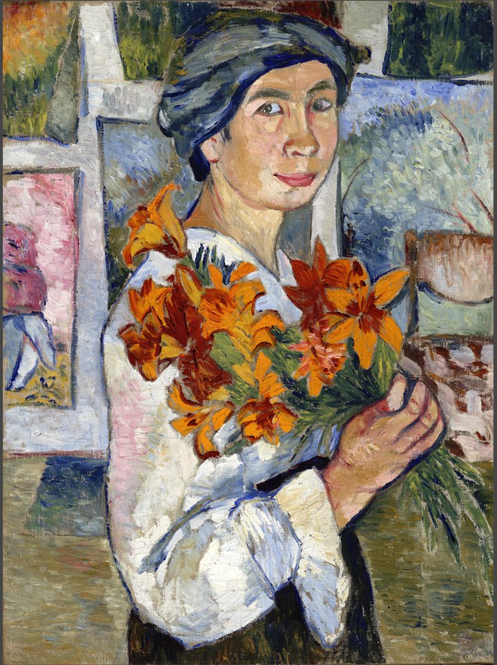 Painting by Natalia Goncharova of a women holding a bunch of flowers