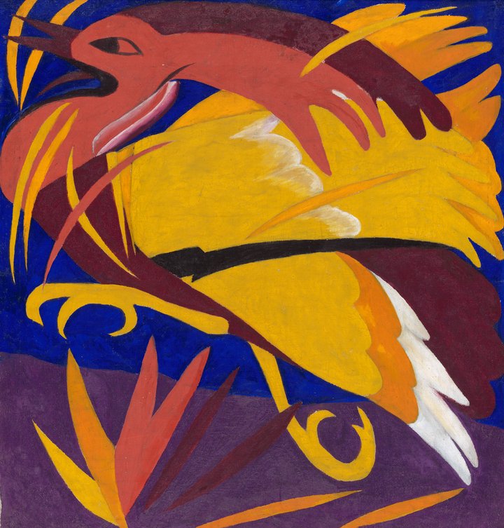 colourful image of a red, orange and yellow bird against a dark background